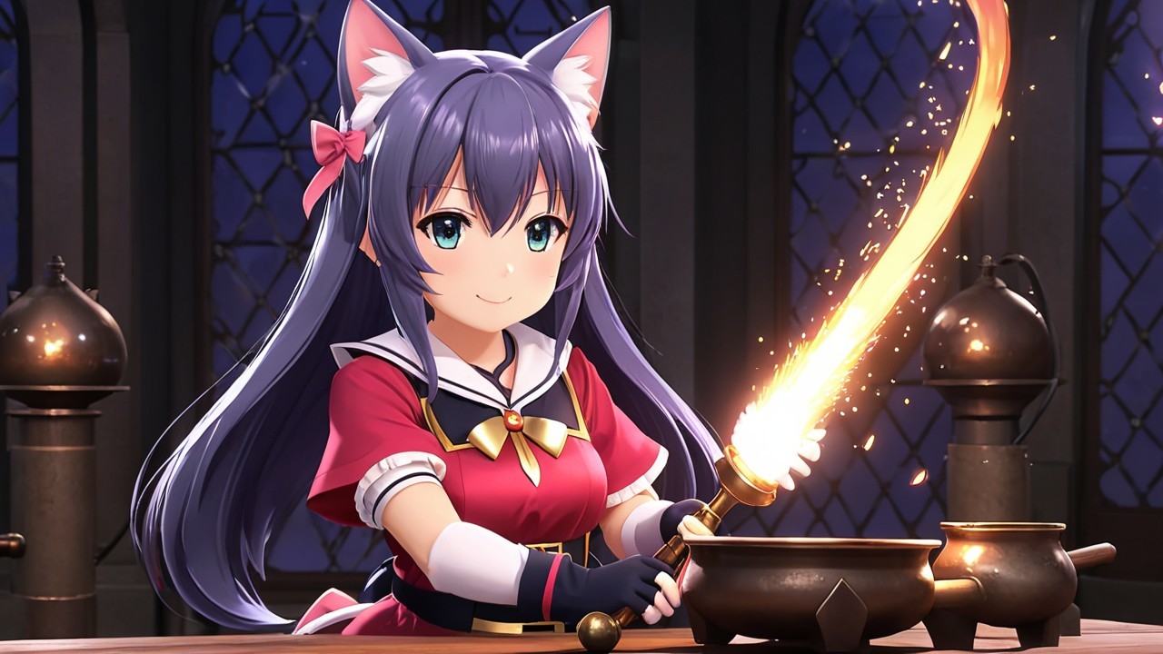 Young girl with cat ears cooking in a magical kitchen