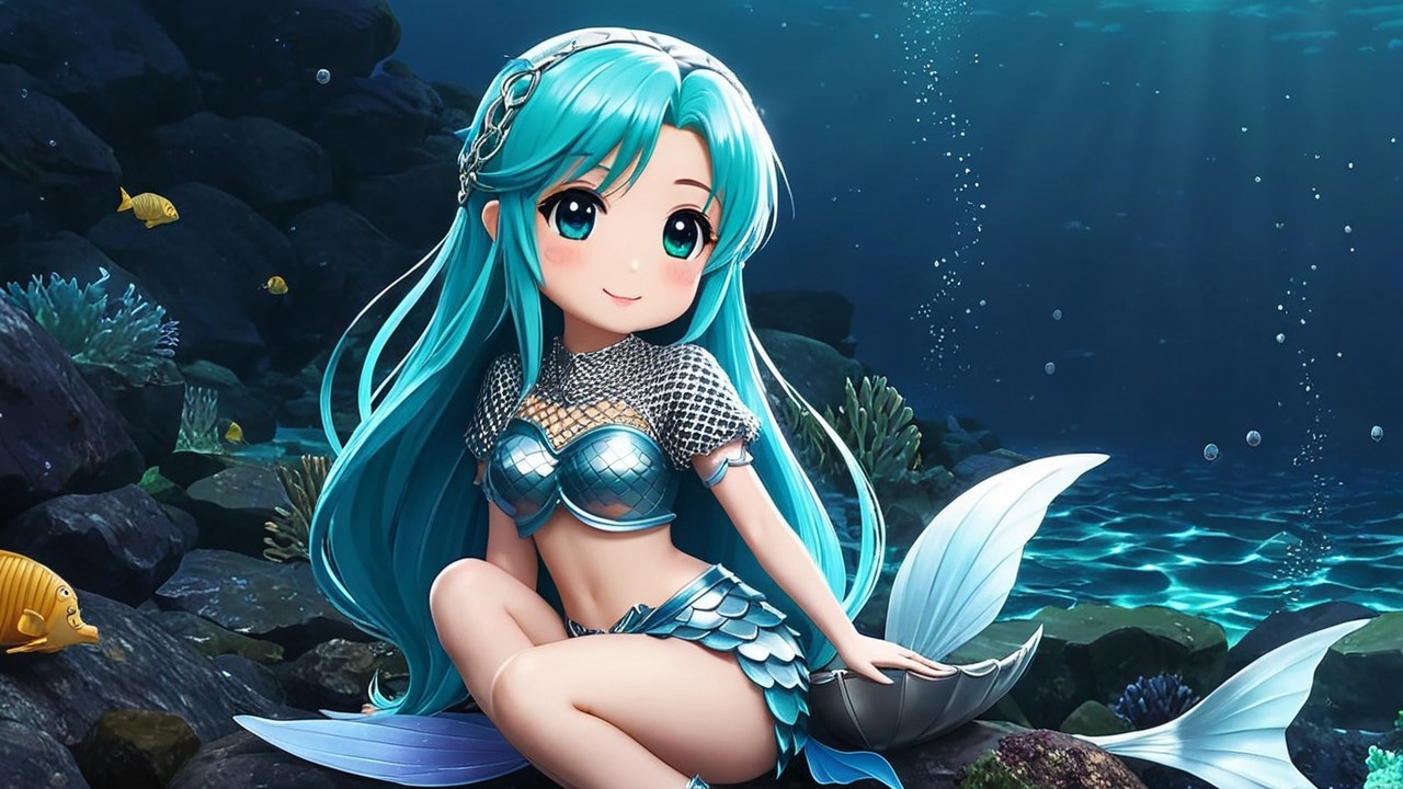 Animated mermaid on rocky seabed with colorful fish