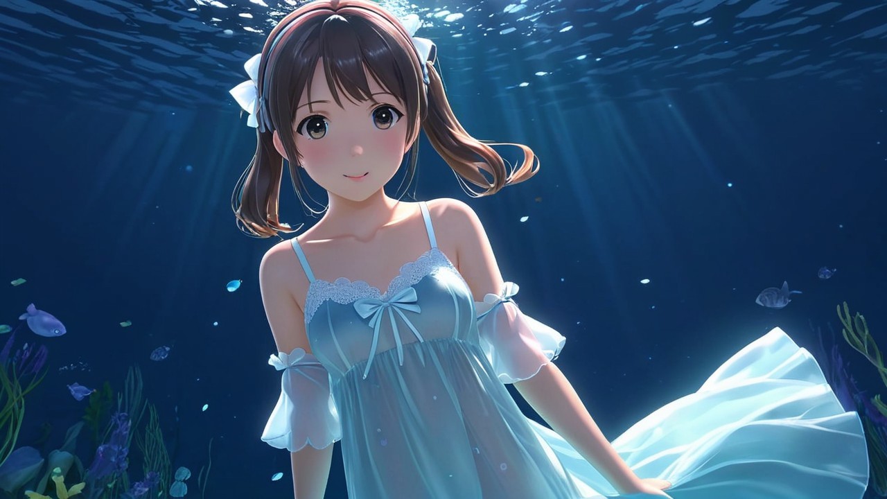 Underwater Scene with a Young Girl and Colorful Fish