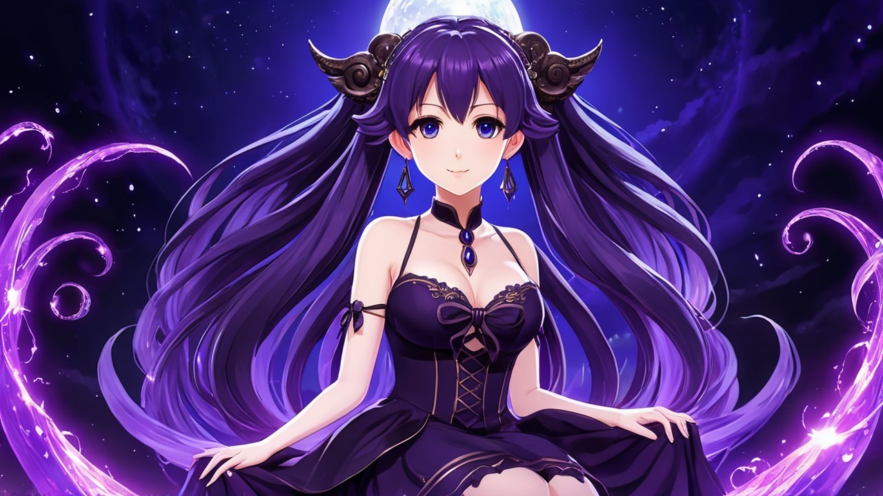 Mystical Character with Purple Hair and Moonlit Aura