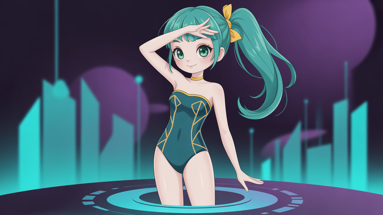 Anime girl in teal swimsuit with cyberpunk city backdrop