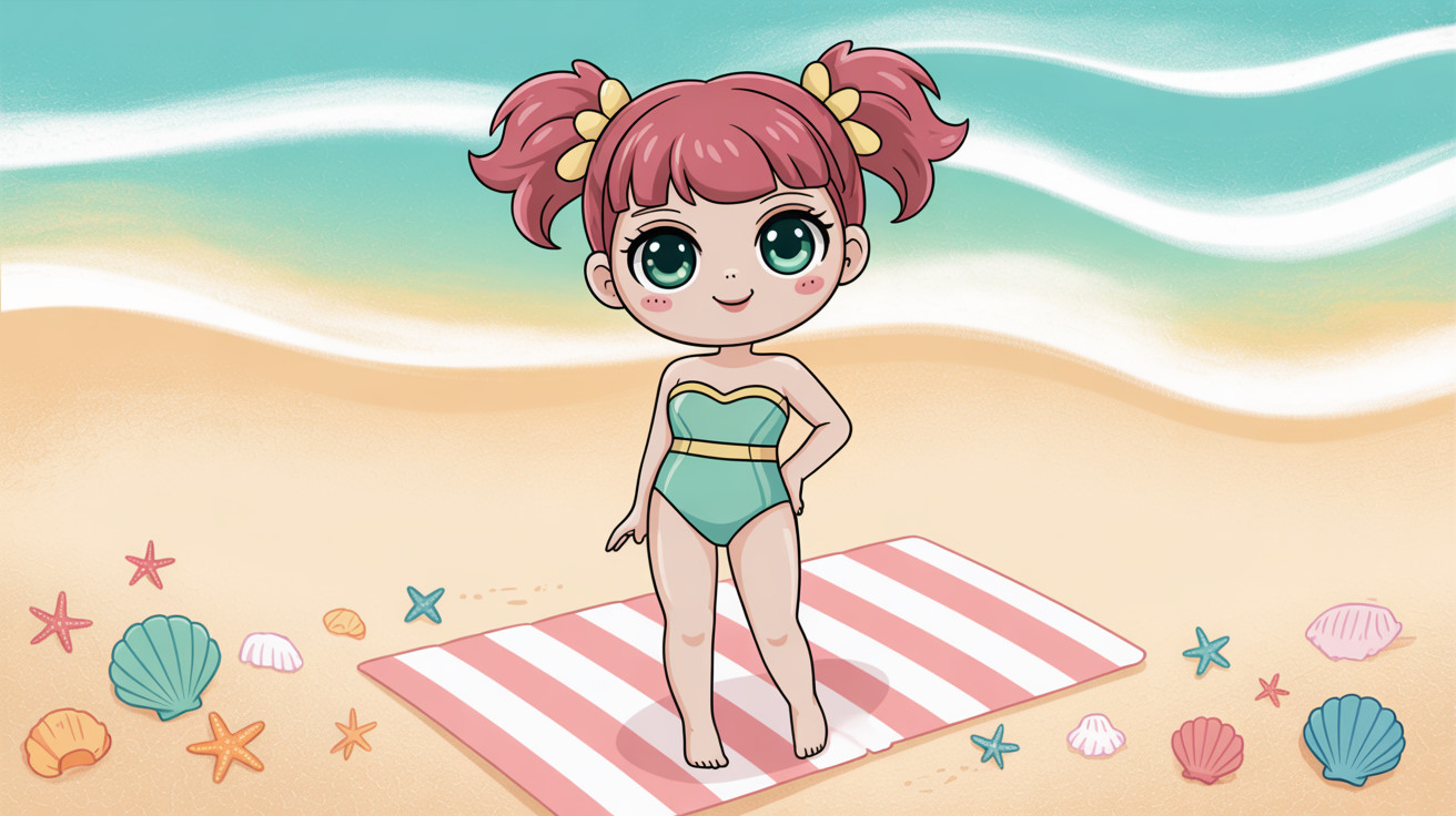 Chibi girl in swimsuit on beach towel with seashells
