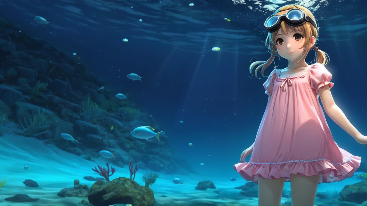 Underwater Scene of a Girl in Pink Dress and Goggles
