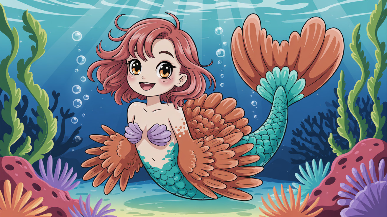 Cute anime mermaid in vibrant underwater scene