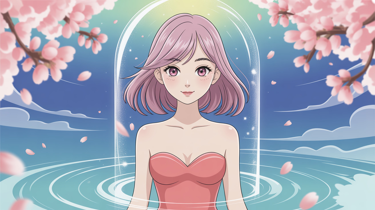 Anime Woman in Dome Surrounded by Cherry Blossoms