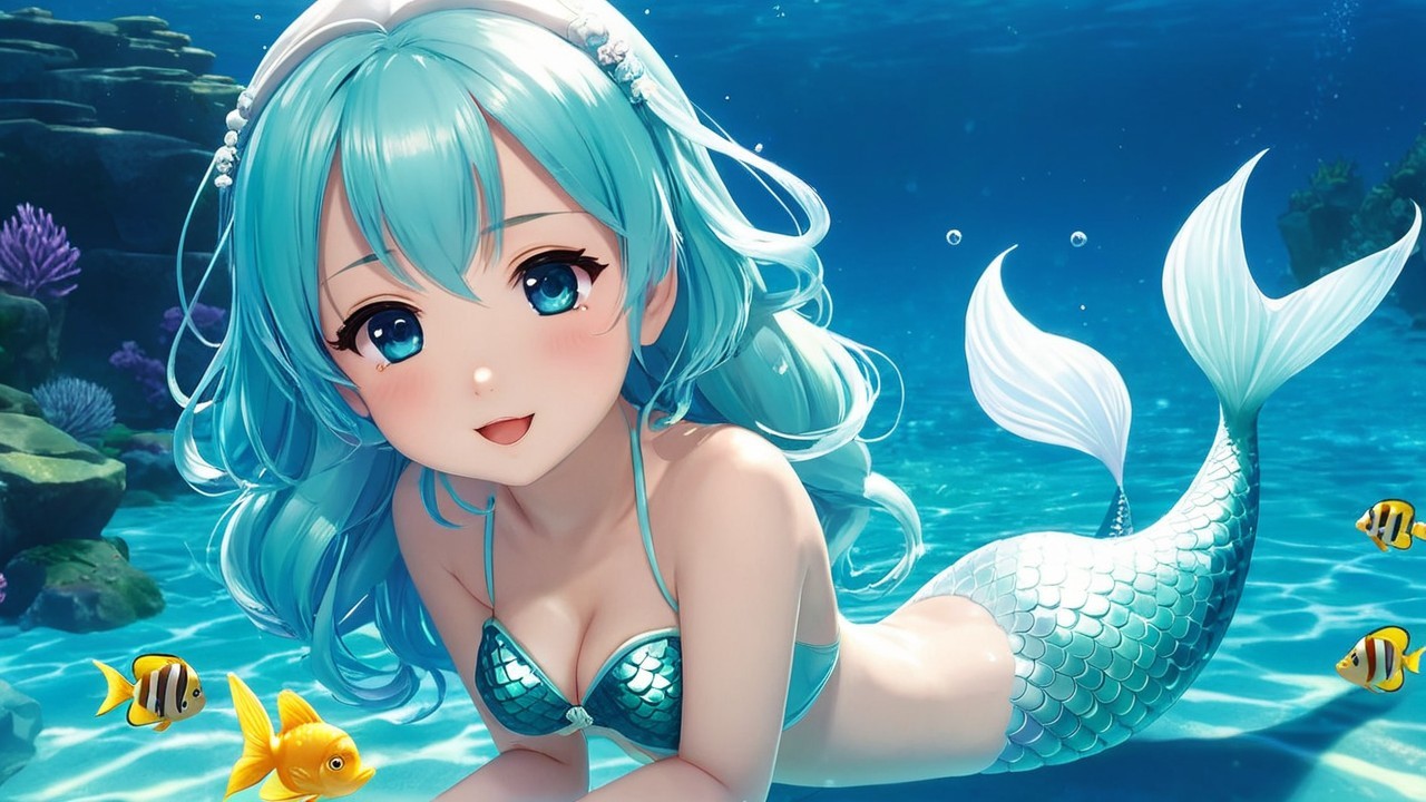 Vibrant Underwater Scene with a Cheerful Mermaid