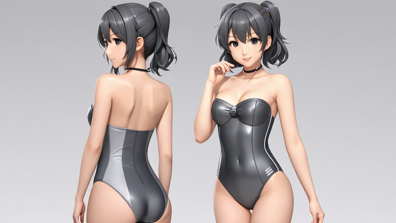 Stylized Female Character in Silver Strapless Swimsuit