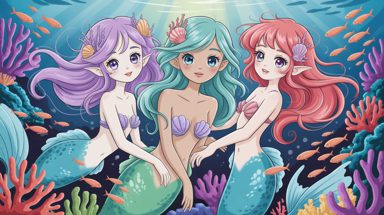 Three Colorful Mermaids in Animated Vector Art