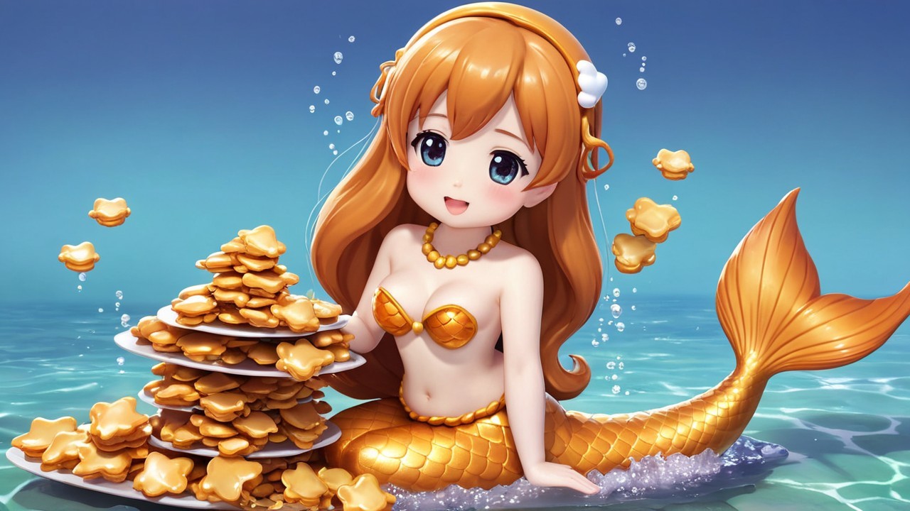 Cheerful anime-style mermaid in clear blue water