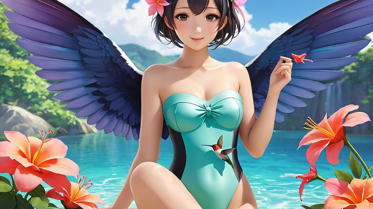 Young Woman with Blue Wings by Turquoise Lagoon