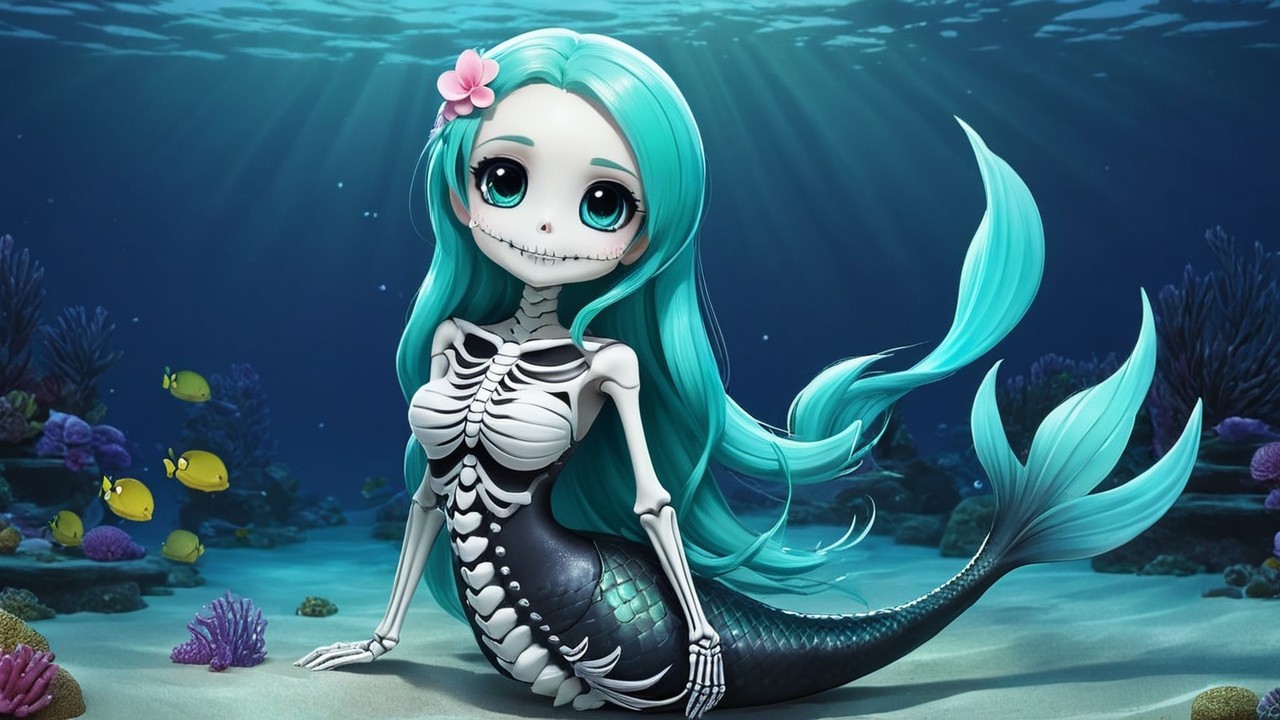Whimsical Mermaid with Teal Hair in Underwater Scene