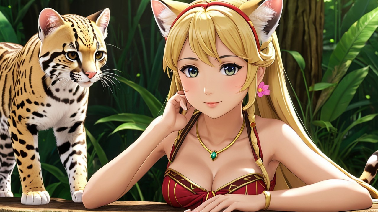 Young Woman with Cat Ears in Tropical Jungle Setting