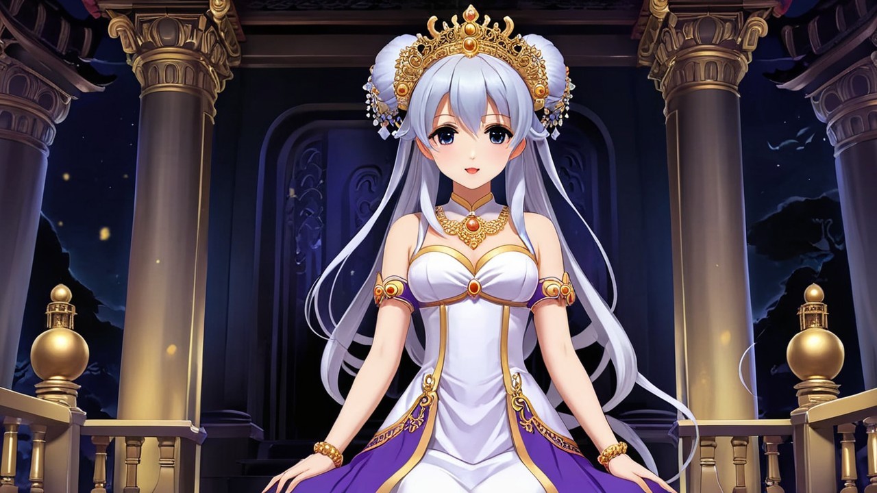 Elegantly Dressed Character in Moonlit Architecture