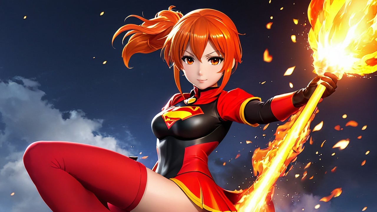 Dynamic Anime Character with Fiery Weapon Pose