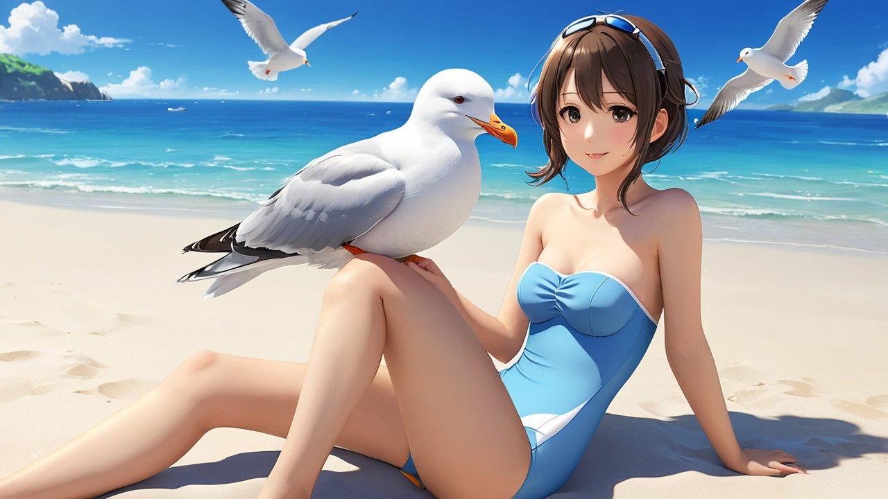 Young Woman in Blue Swimsuit with Seagull on Beach