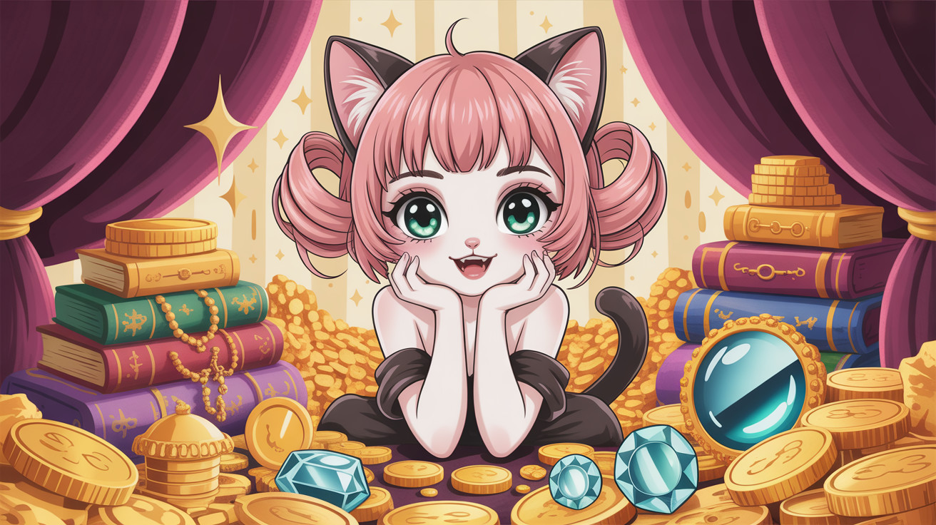 Cute Cat Girl Surrounded by Gold Coins and Diamonds