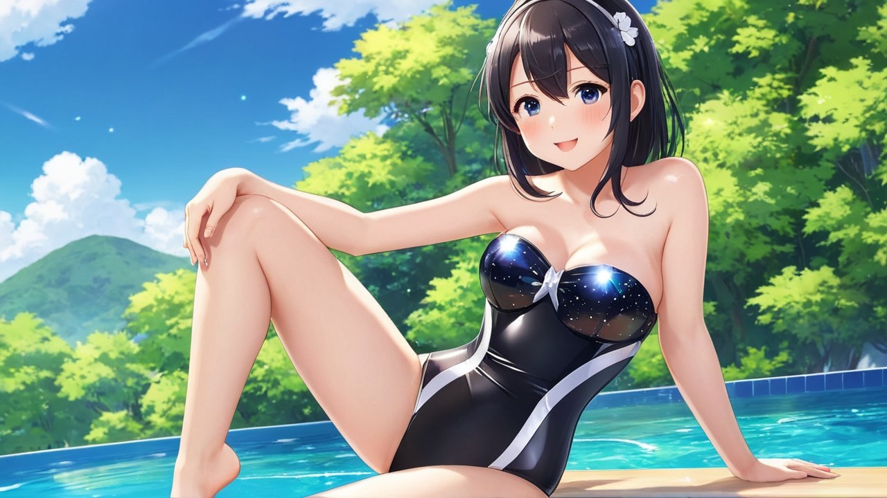 Cheerful anime girl in starry swimsuit by pool