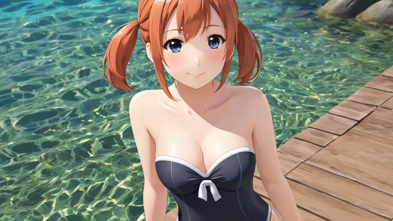 Cheerful Woman in Stylish Swimsuit by Water's Edge
