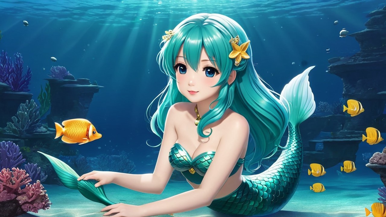 Mermaid with Turquoise Hair in Vibrant Coral Reefs