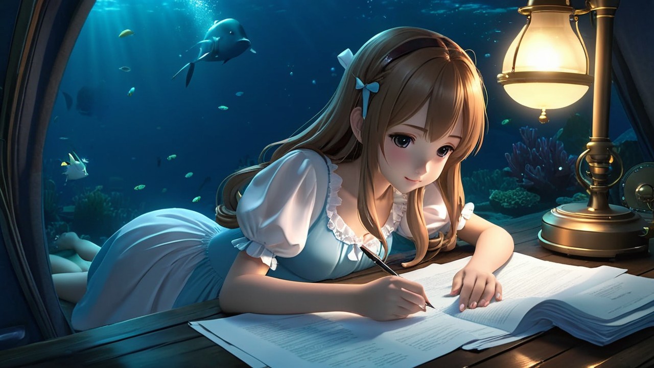 Underwater Scene of Girl Writing with Colorful Fish