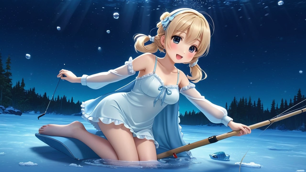 Cheerful Character Fishing on Frozen Lake at Night