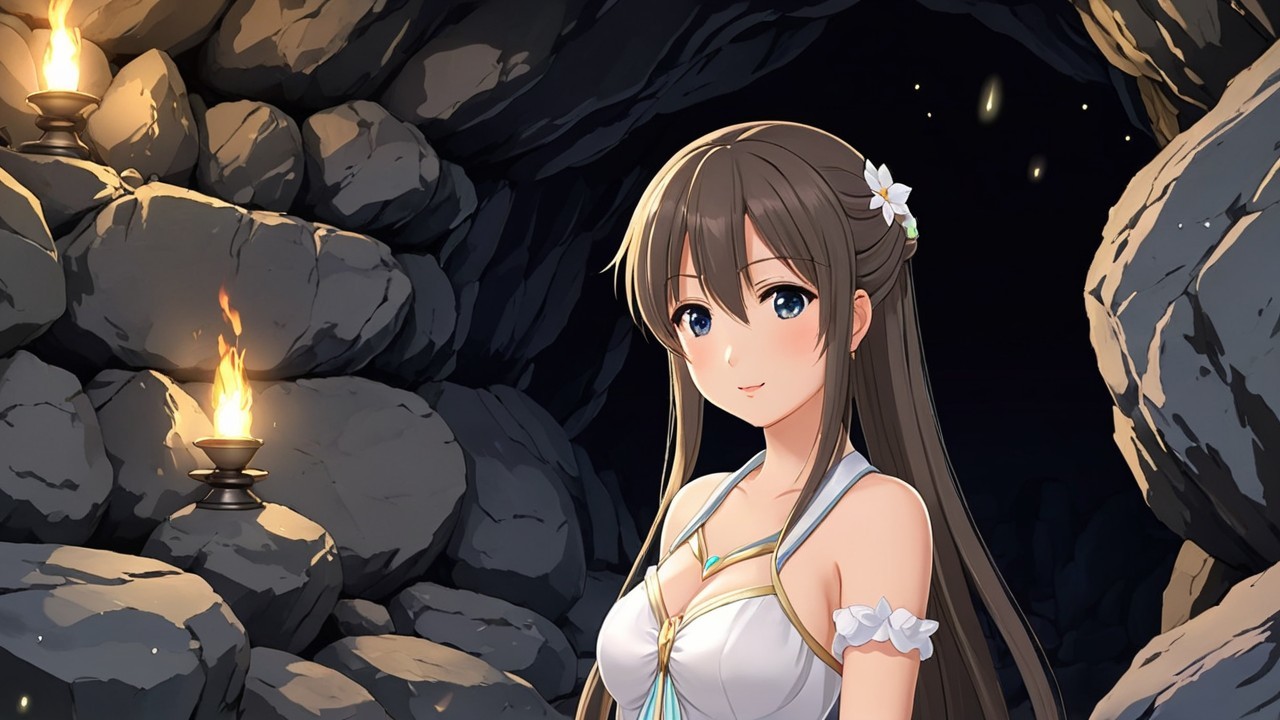 Young Woman in White Dress in Dimly Lit Cave