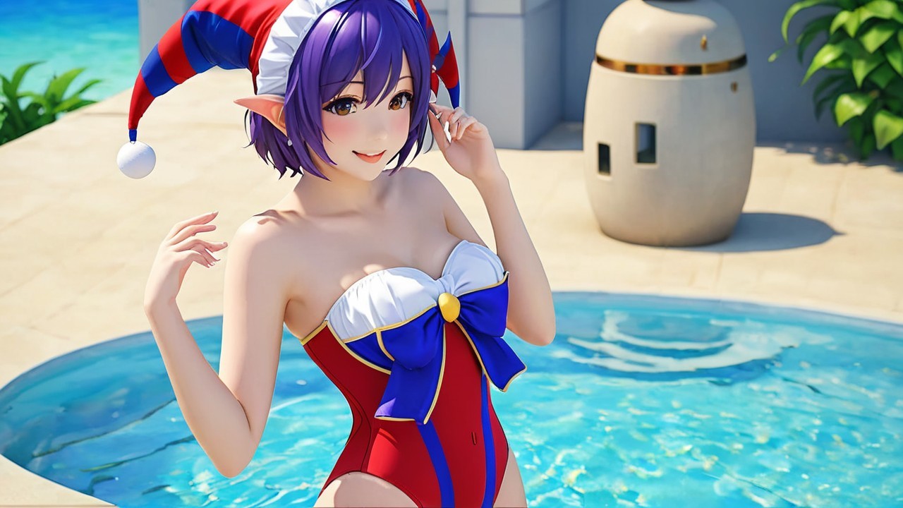 Cheerful character by sparkling pool in festive attire
