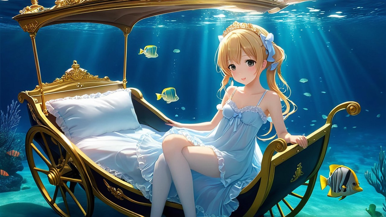 Underwater Scene of a Girl on an Ornate Bed