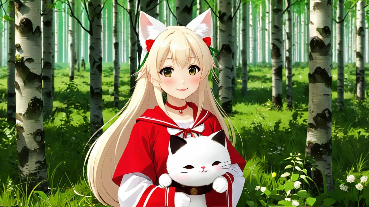 Cheerful Girl in Red Cloak with Cat in Forest