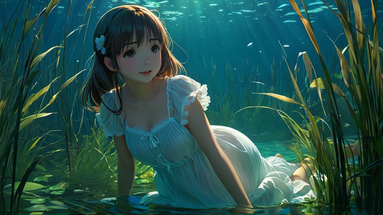 Underwater Scene of a Girl in a White Dress