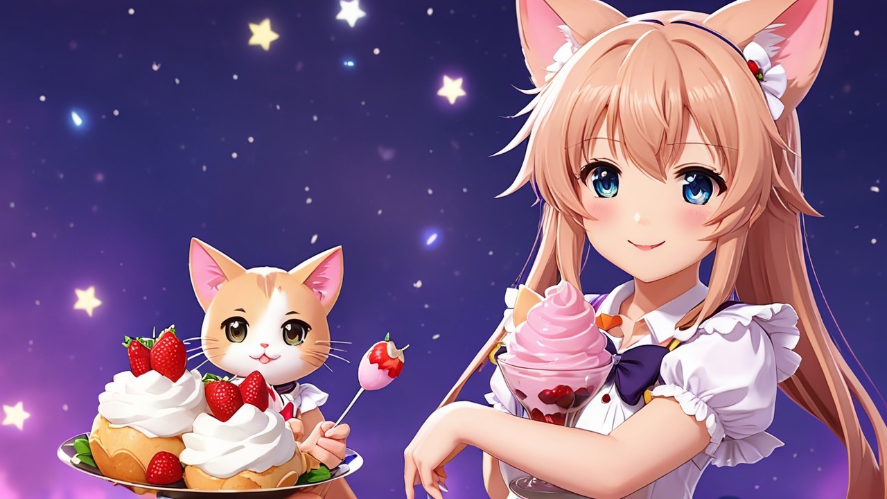 Cheerful Anime Girl in Maid Outfit with Desserts