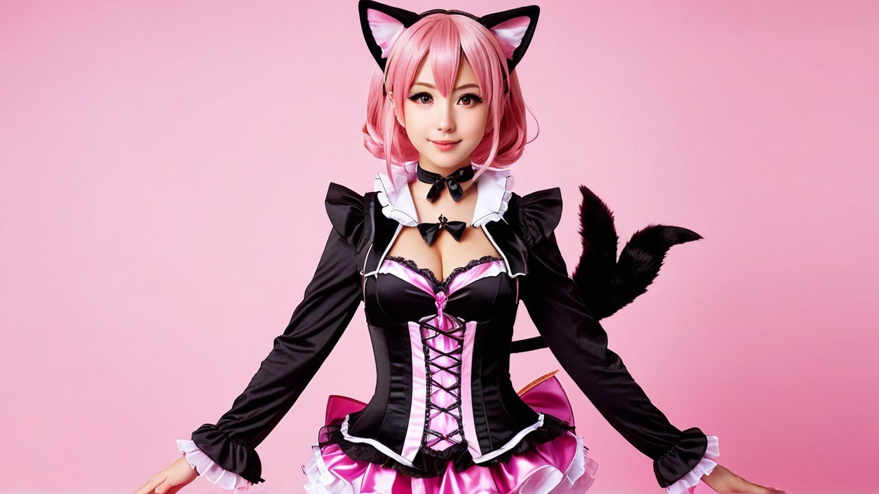 Playful Character in Pink and Black Feline Costume