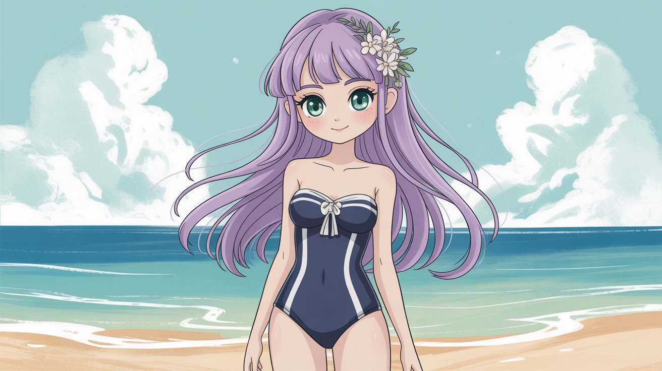 Anime girl in swimsuit on a sunny beach scene