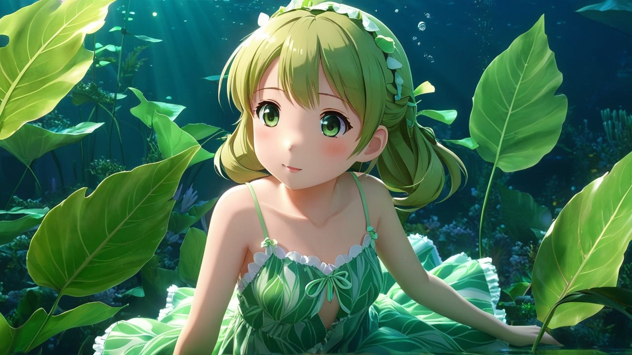 Underwater Scene with Girl and Lush Aquatic Plants