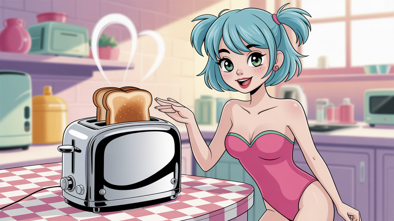 Anime Illustration of Young Woman with Toaster and Toast