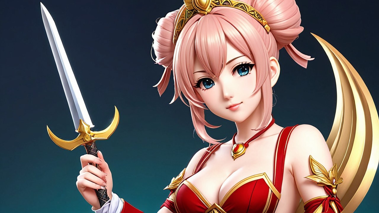 Female character with sword and pink hair in red outfit
