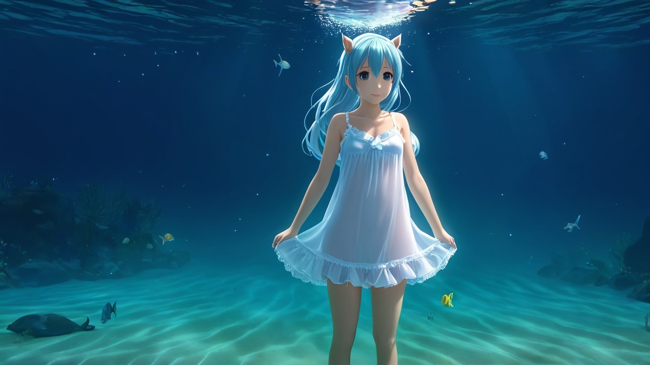 Underwater Scene with Young Woman and Colorful Fish