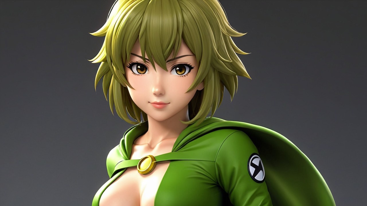 Stylized Female Character with Green Hair and Outfit