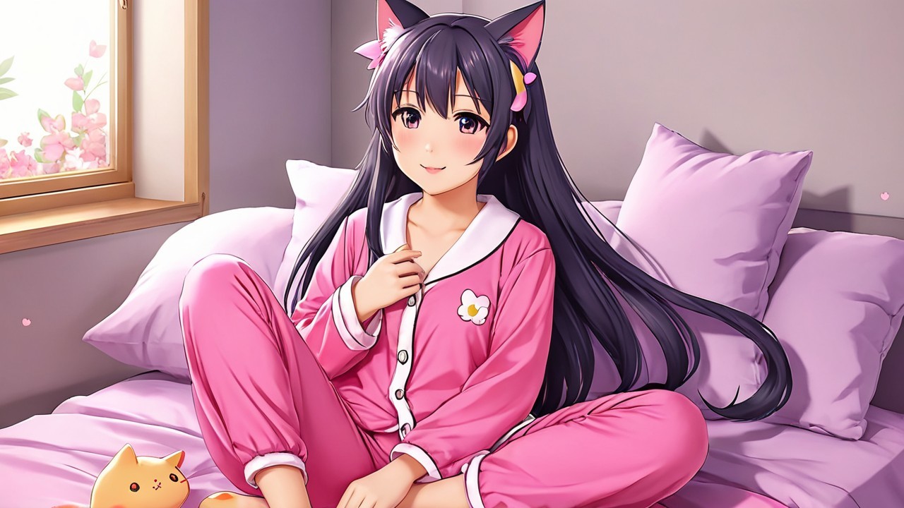 Cheerful character on bed with purple pillows and sunlight