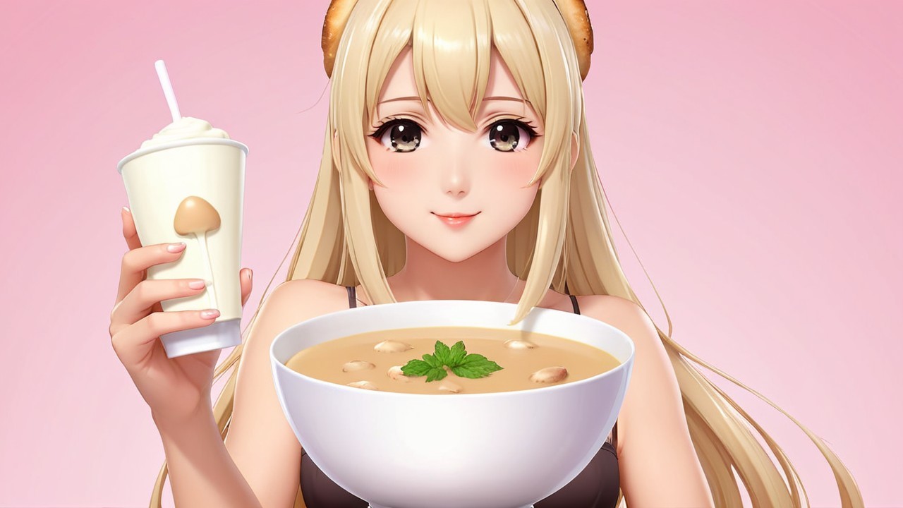 Anime-style girl with soup and milkshake illustration