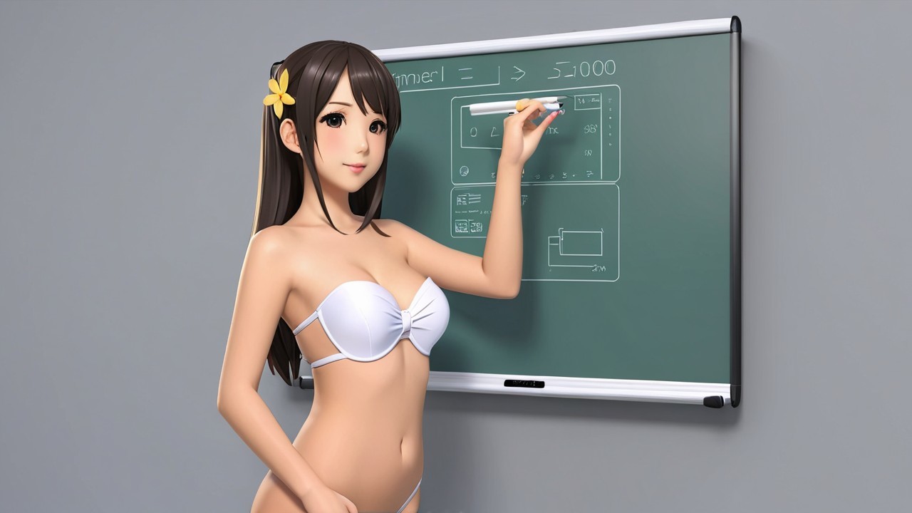 Stylized Animated Character with Chalkboard and Equations