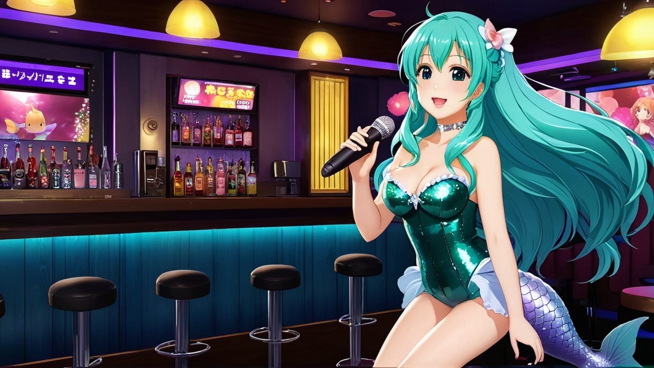 Cheerful Mermaid in Vibrant Bar Karaoke Setting