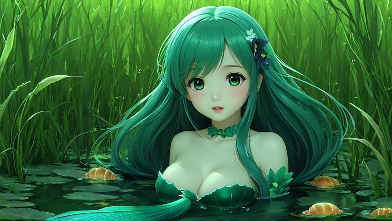 Ethereal Figure in a Lush Green Pond Setting