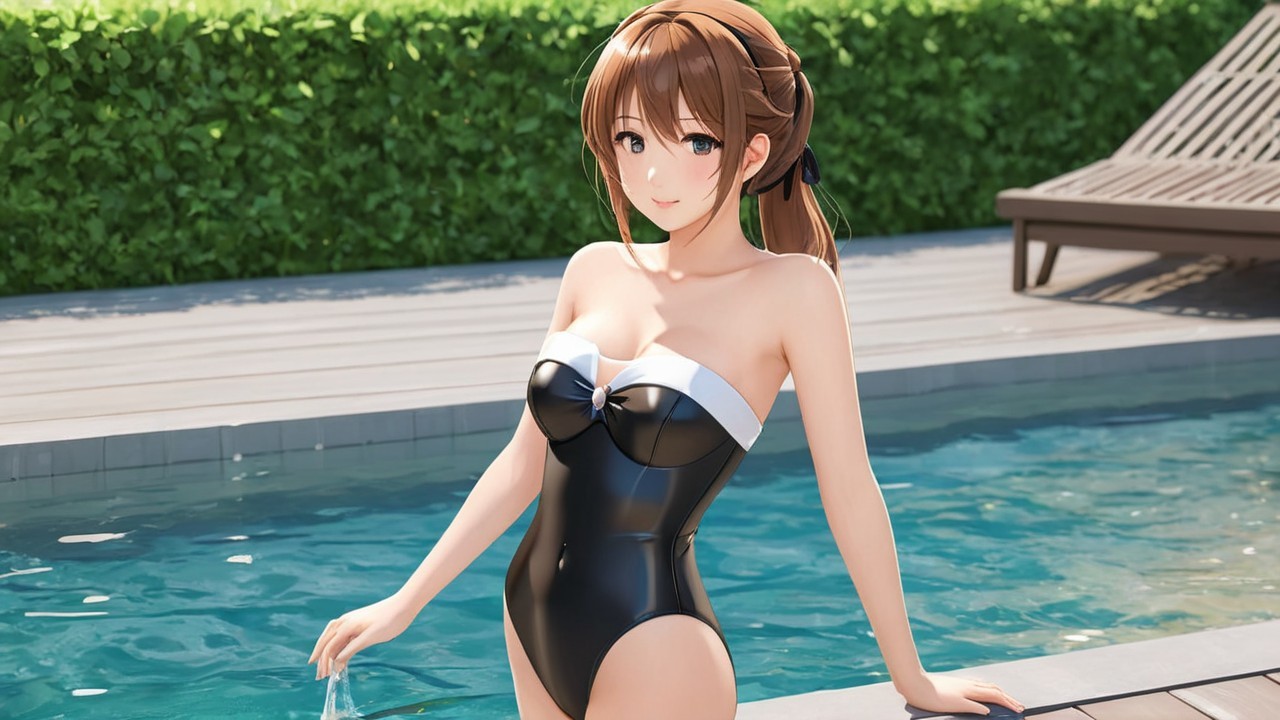Young woman in black swimsuit by swimming pool