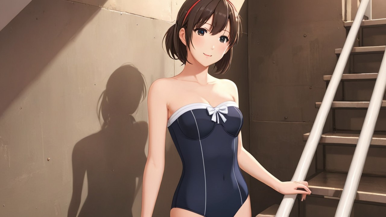 Young woman in blue swimsuit on modern staircase