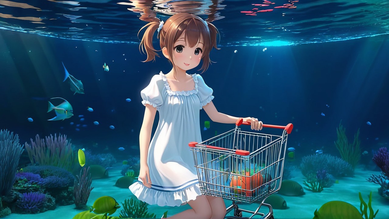 Anime Girl Underwater with Colorful Fish and Coral
