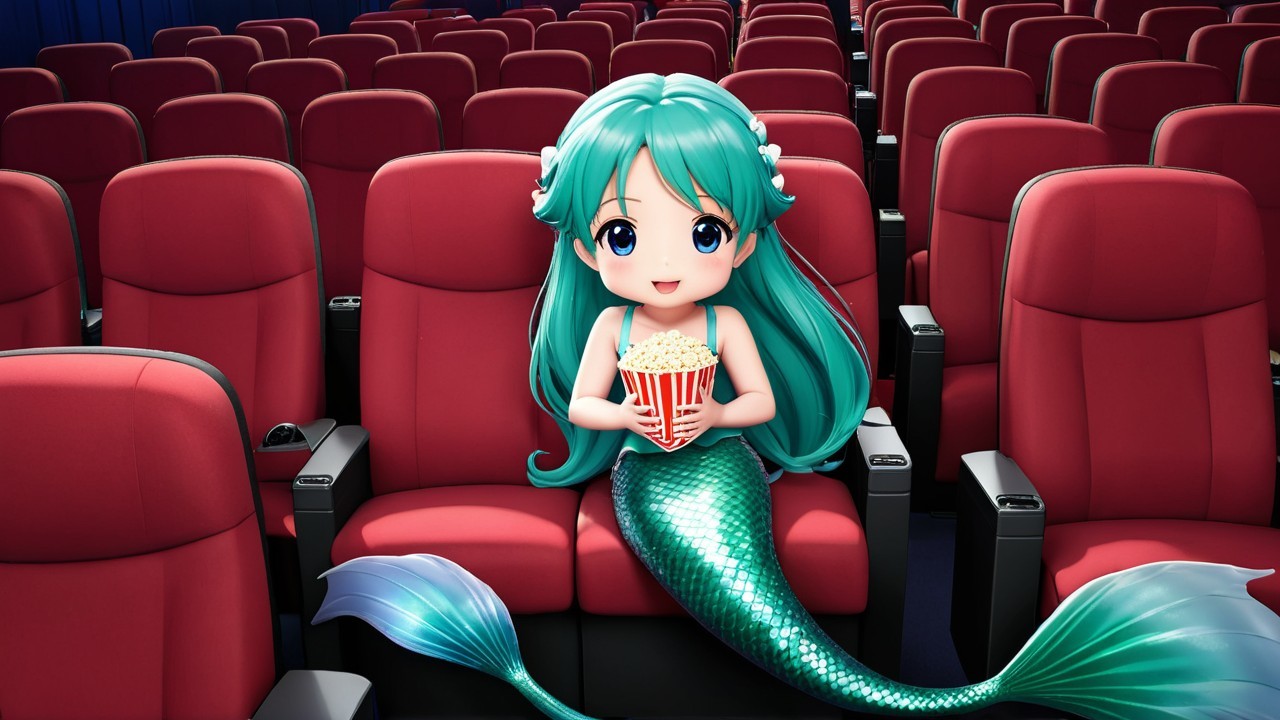 Animated mermaid girl in a movie theater setting