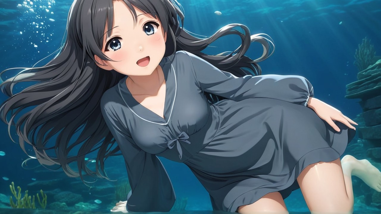 Underwater Scene with a Young Girl in Gray Dress