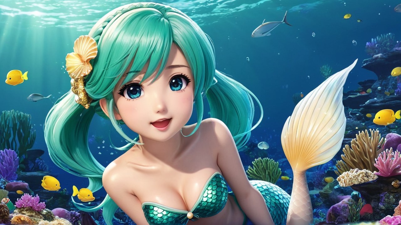 Vibrant Underwater Scene with Cheerful Mermaid Character