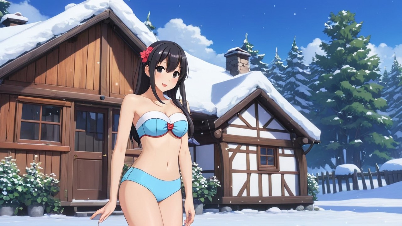 Young Woman in Bikini by Snowy Cabin Scene